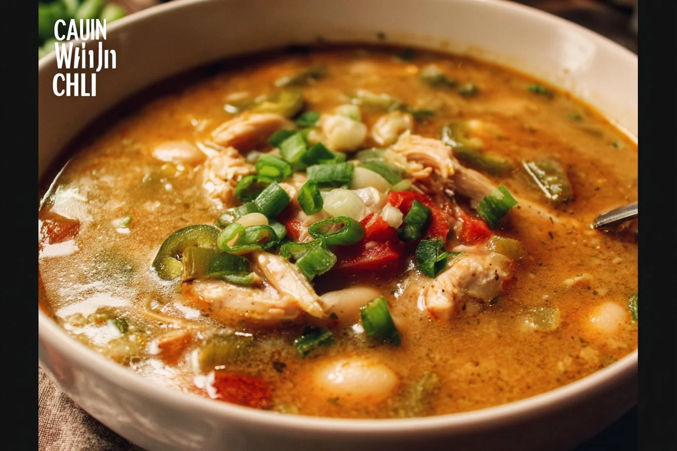 Bowl of delicious Cajun White Chicken Chili garnished with cilantro and lime.