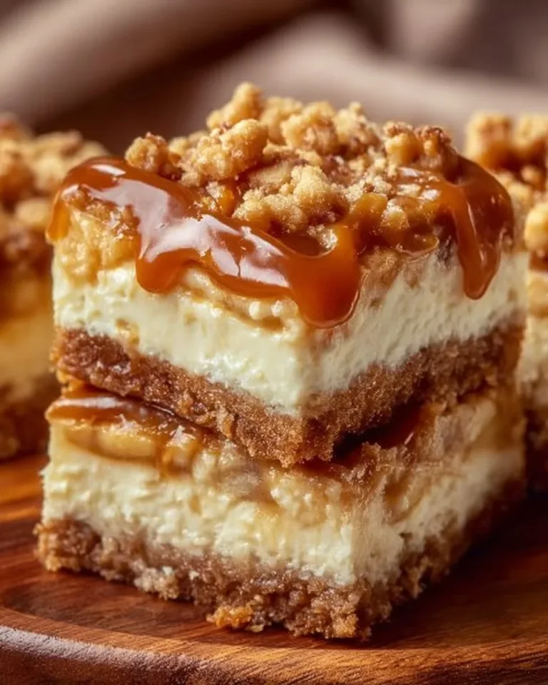 Delicious caramel apple cheesecake bars topped with caramel drizzle and apple slices.