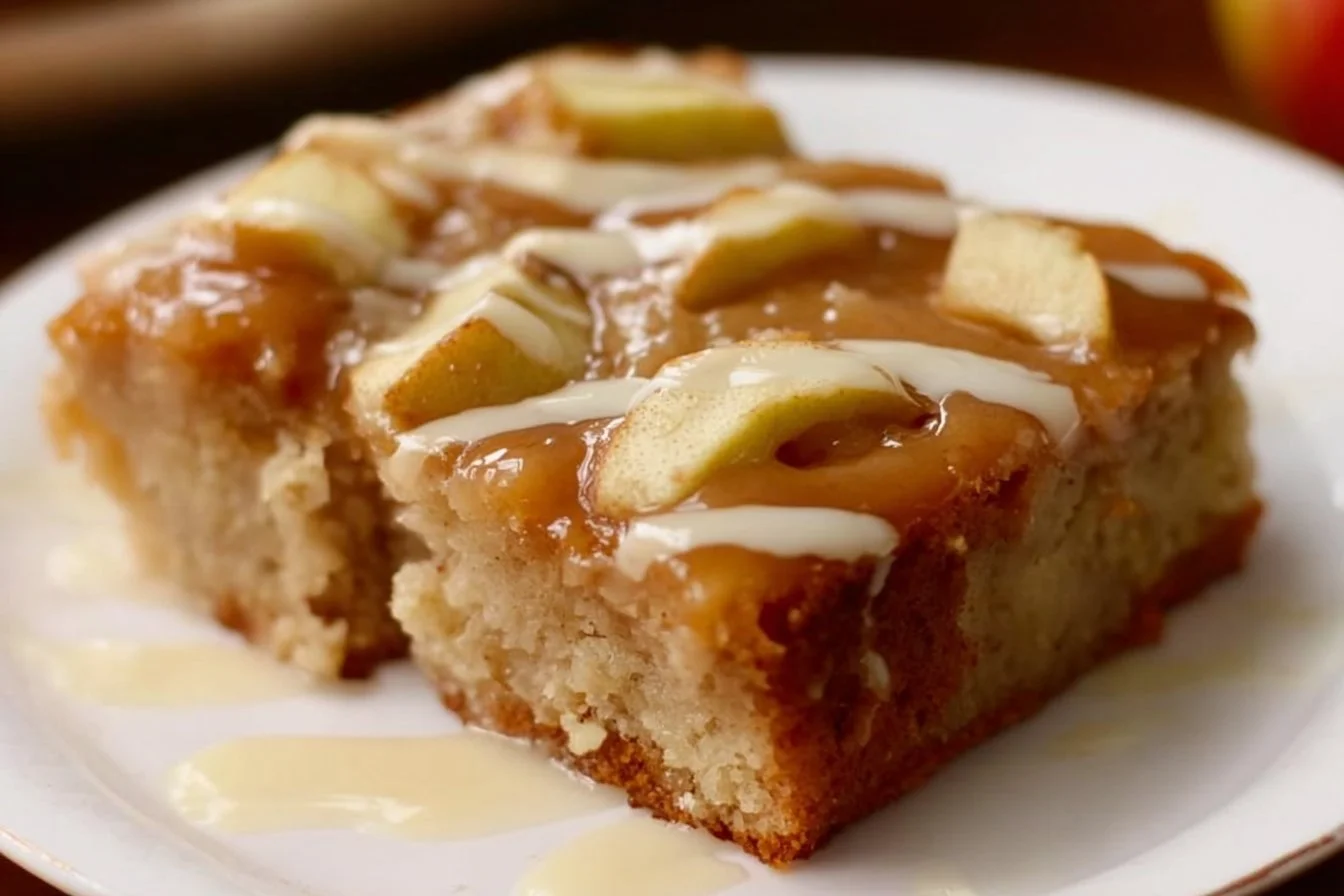 Delicious Caramel Apple Sheet Cake topped with caramel and apples.