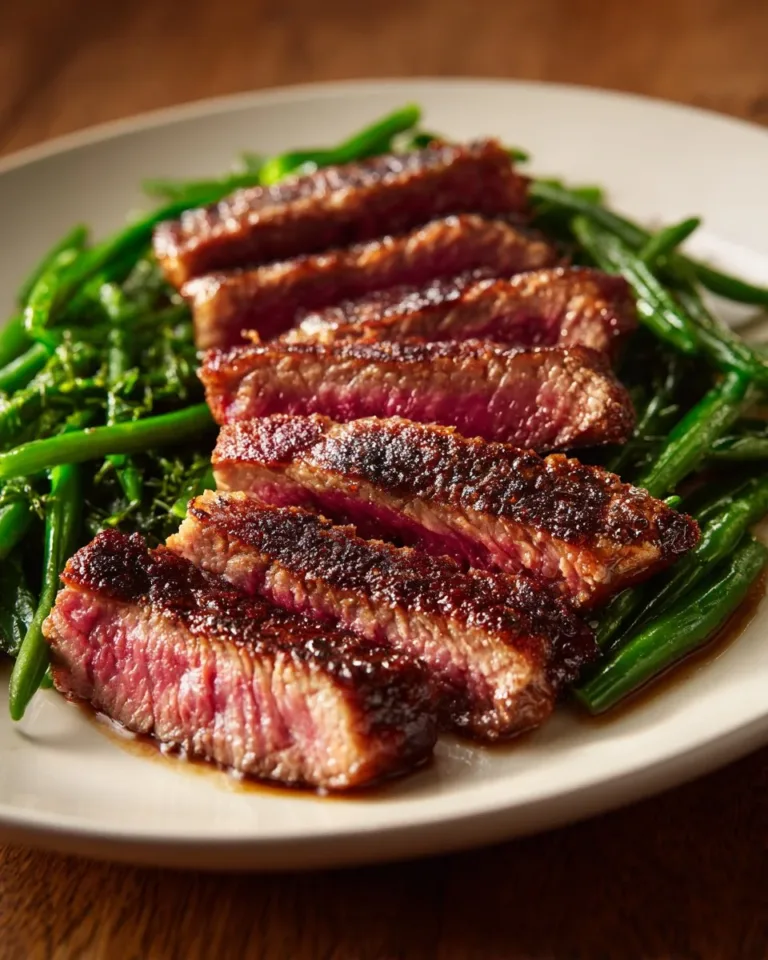 A perfectly cooked cast iron steak served on a plate with herbs.