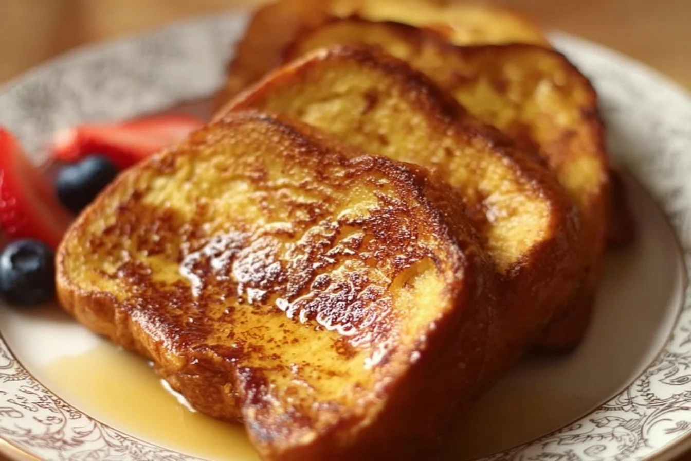 Delicious Challah French Toast topped with fresh berries and syrup