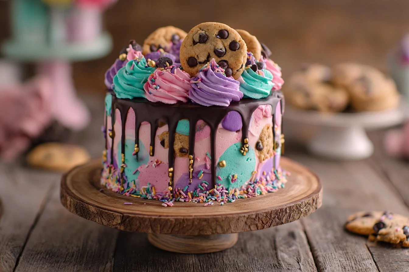 A vibrant Chaos Cake decorated with colorful frosting and sprinkles.