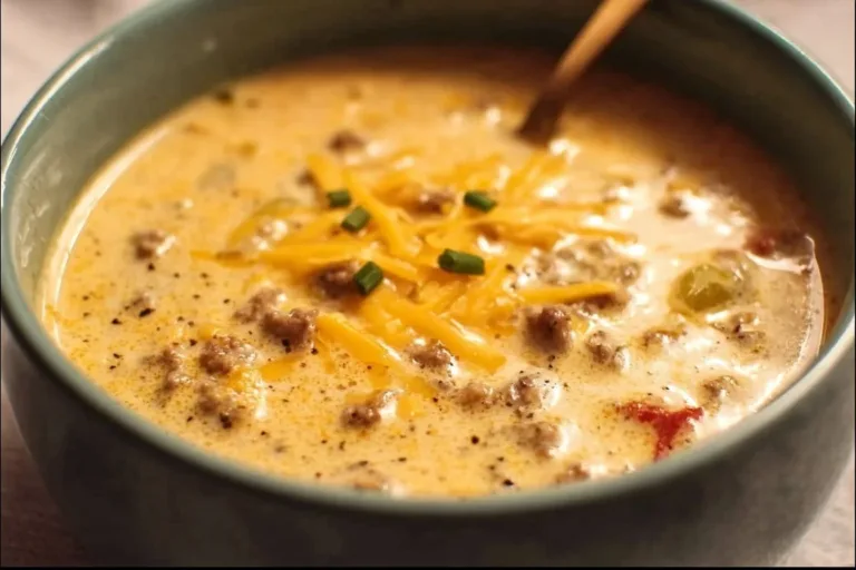 Bowl of creamy cheeseburger soup topped with cheese and herbs