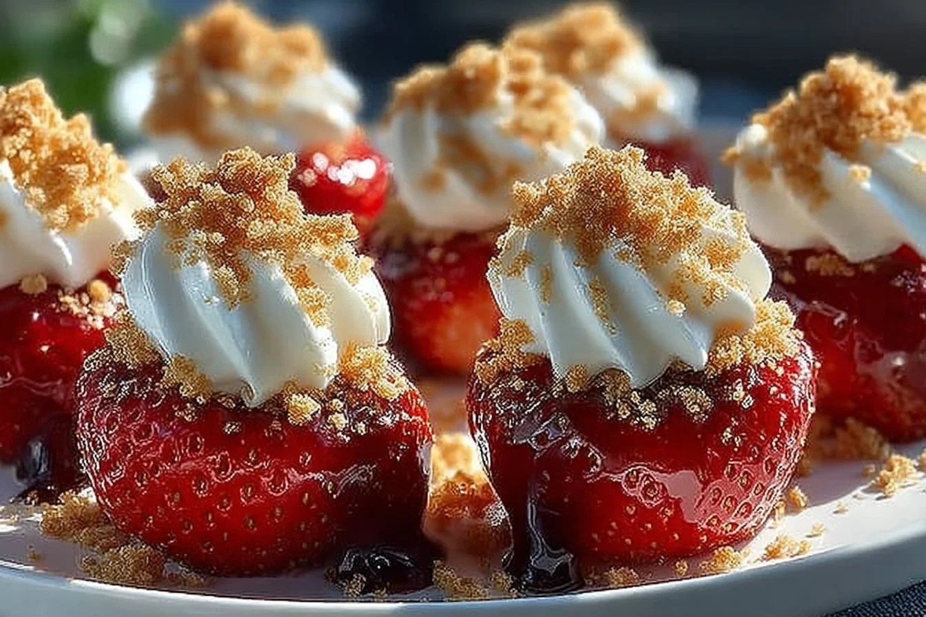 Cheesecake deviled strawberries filled with creamy cheesecake mix
