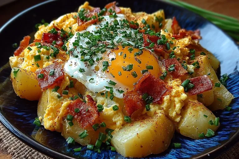 Cheesy potato egg scramble served in a bowl with herbs on top.