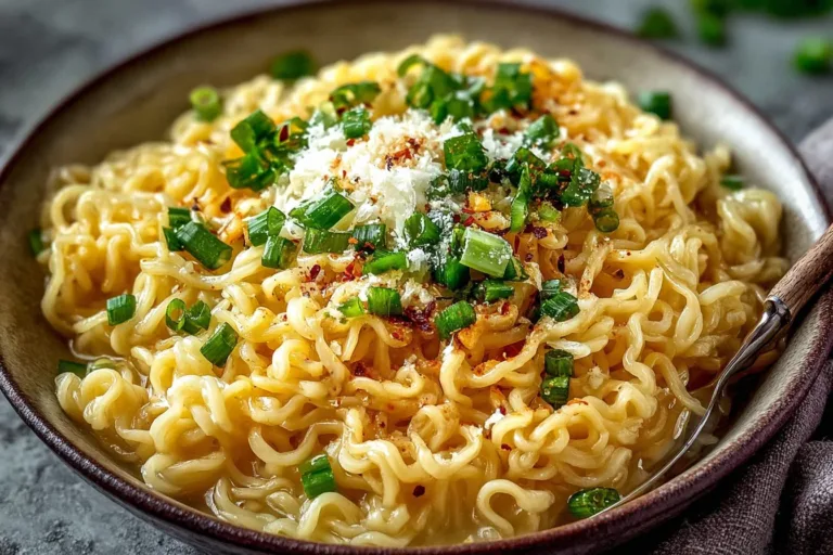 Bowl of cheesy ramen topped with green onions and a sprinkle of cheese