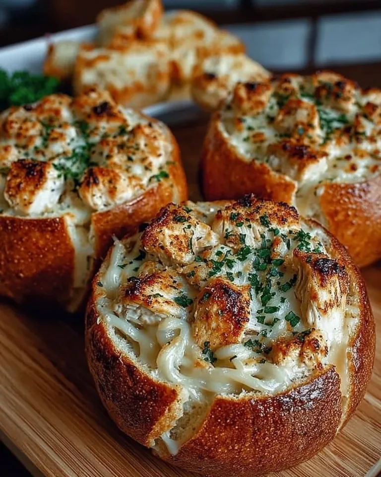 Chicken Alfredo Garlic Bread Bowls filled with creamy chicken and pasta
