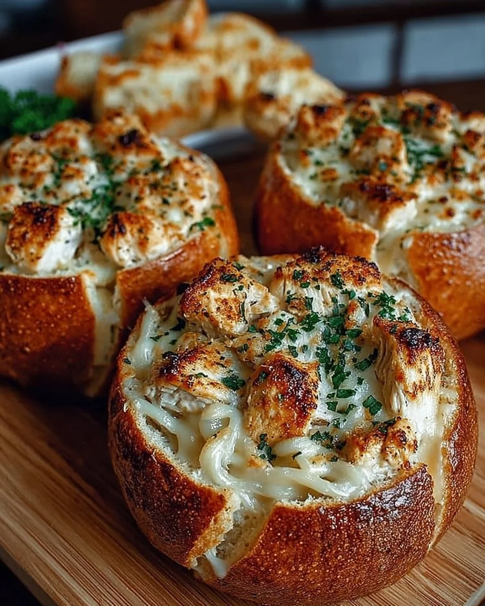 Chicken Alfredo Garlic Bread Bowls filled with creamy chicken and pasta
