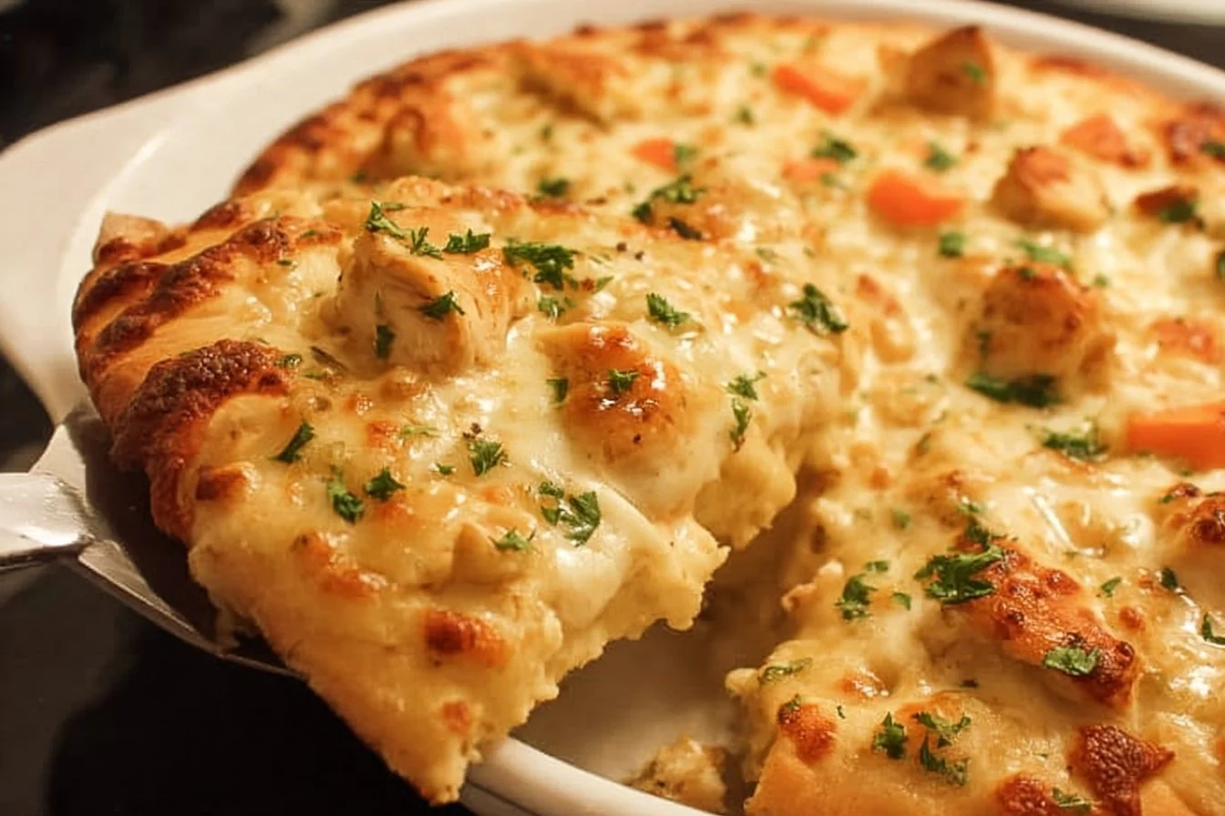 Delicious Chicken Alfredo Pizza topped with creamy sauce and grilled chicken.