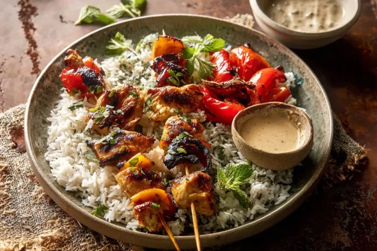 Plate of chicken with tzatziki sauce and grilled peppers for a healthy dish.