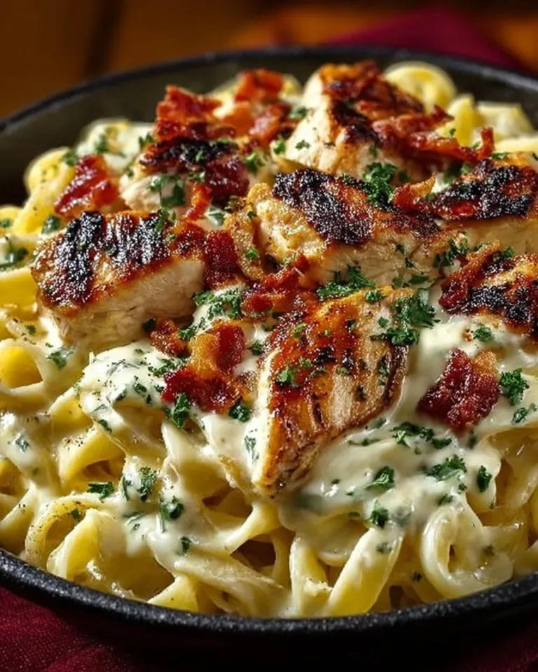 Creamy Chicken Bacon Ranch Pasta with crispy bacon and cheese