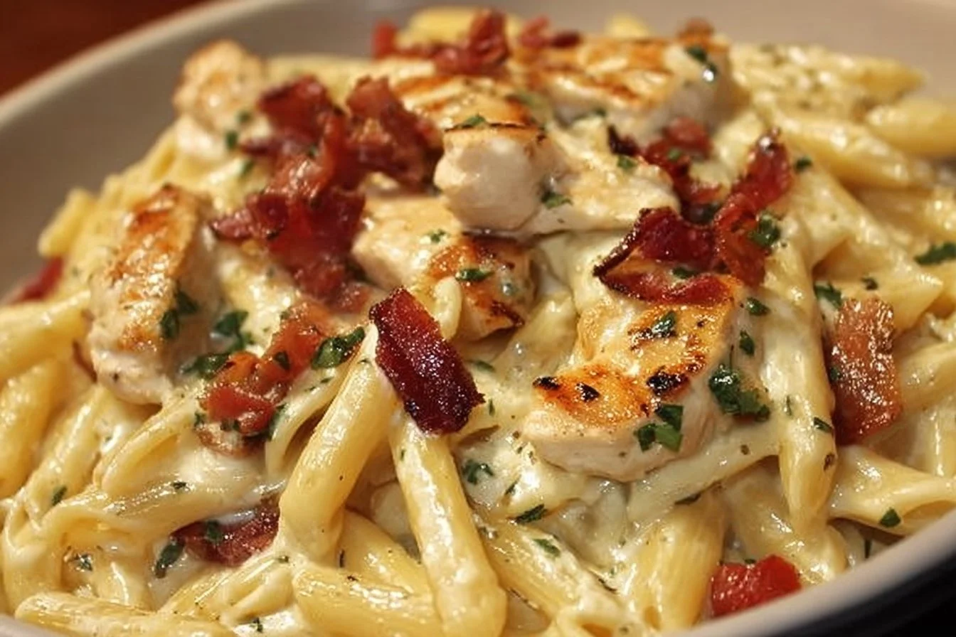 Delicious Chicken Bacon Ranch Pasta with creamy sauce and crispy bacon