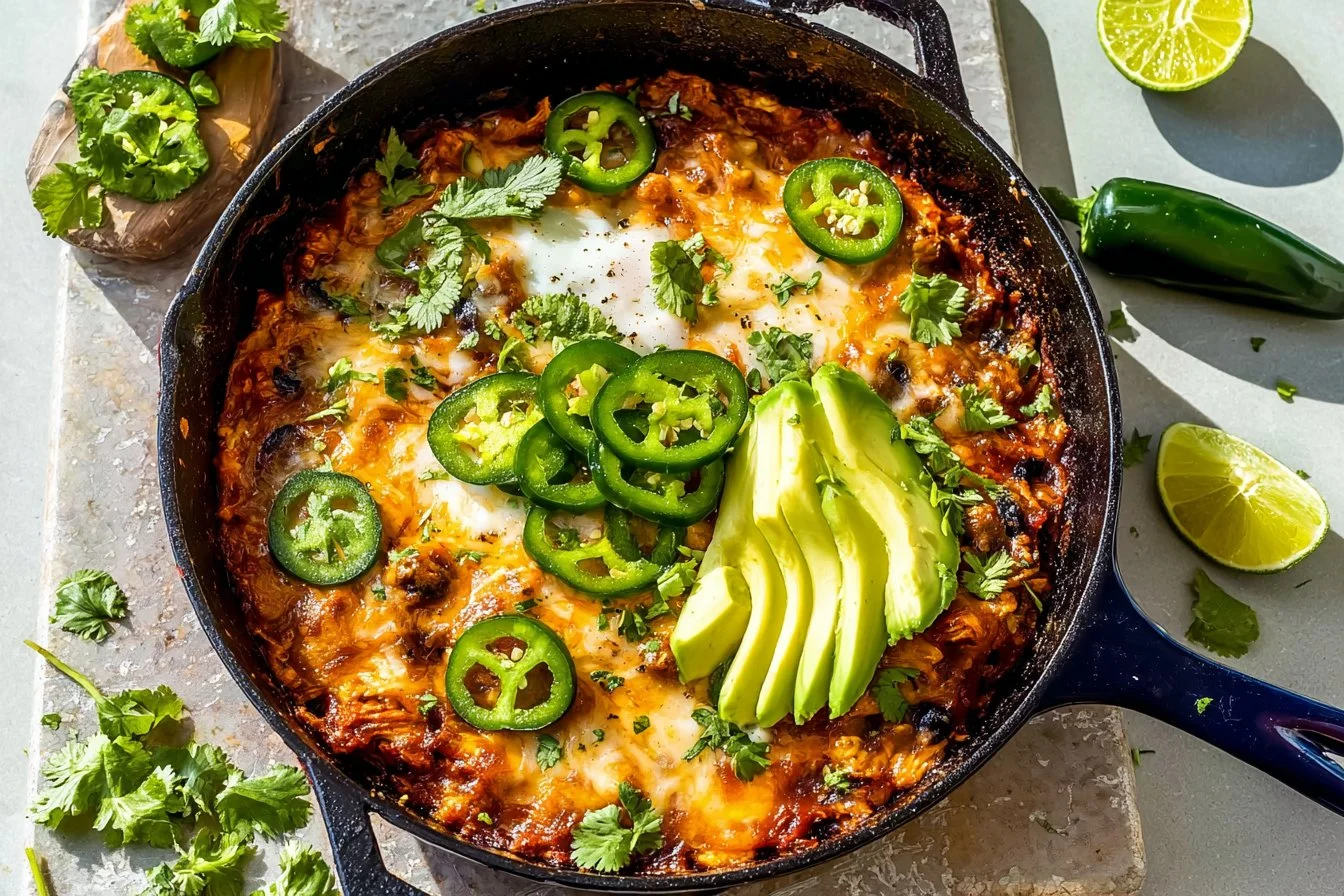 Delicious Chicken Enchilada Skillet topped with cheese and fresh ingredients