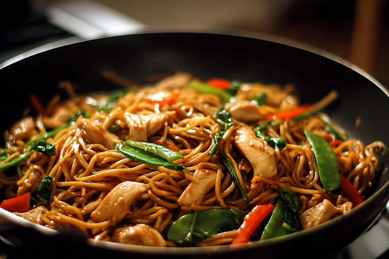 Delicious Chicken Lo Mein dish with colorful vegetables and noodles