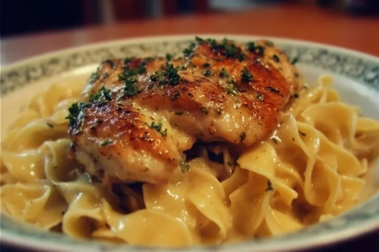 Plate of chicken served with buttered noodles and fresh herbs.