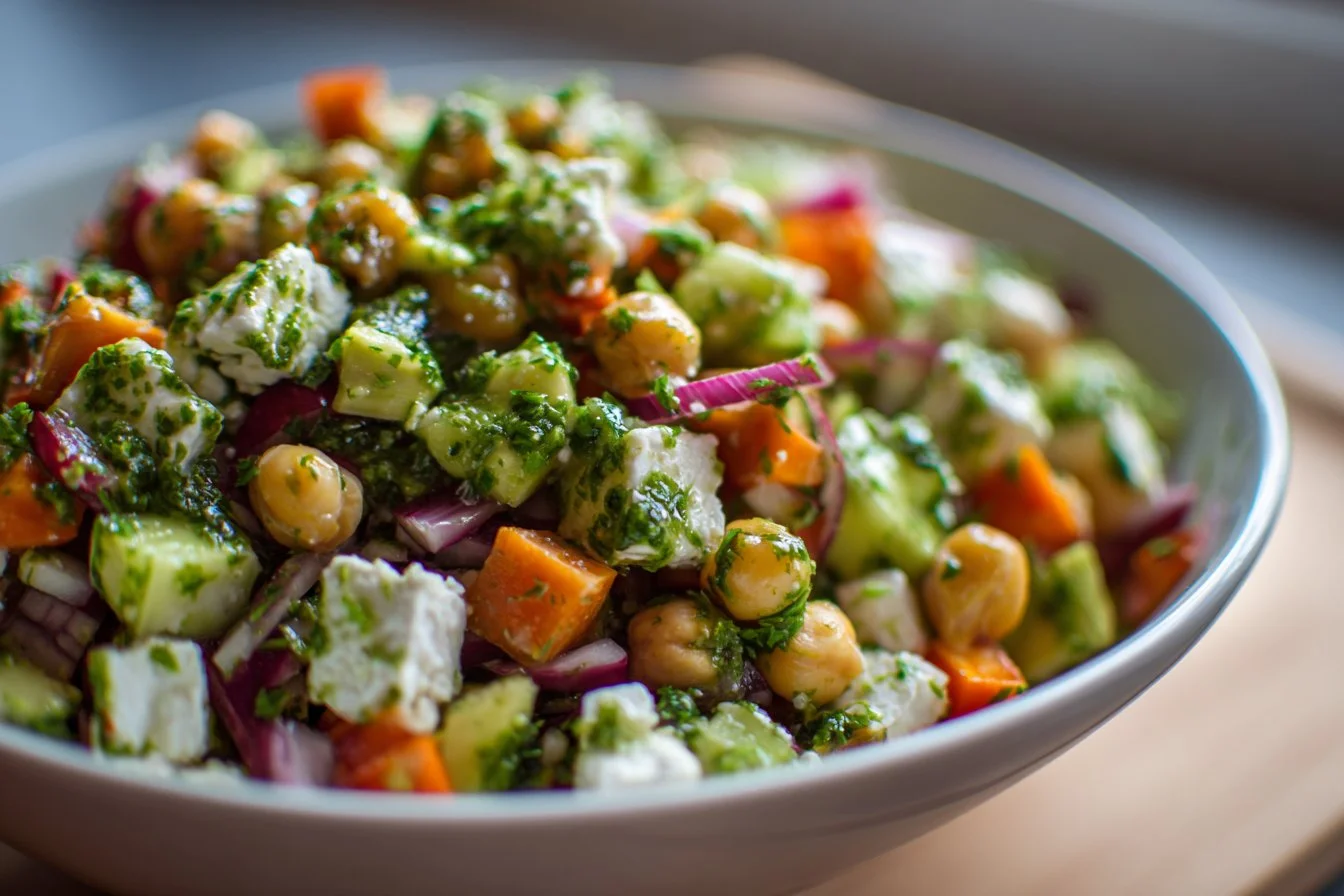 Chickpea Feta Avocado Salad with fresh ingredients on a plate