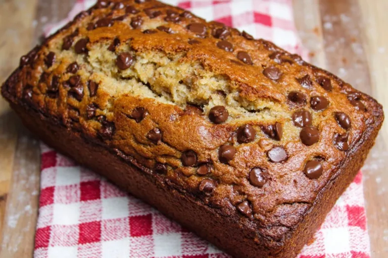 Delicious chocolate chip banana bread loaf cooling on a kitchen counter