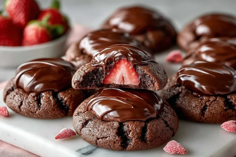 Delicious chocolate covered strawberry cookies on a white plate