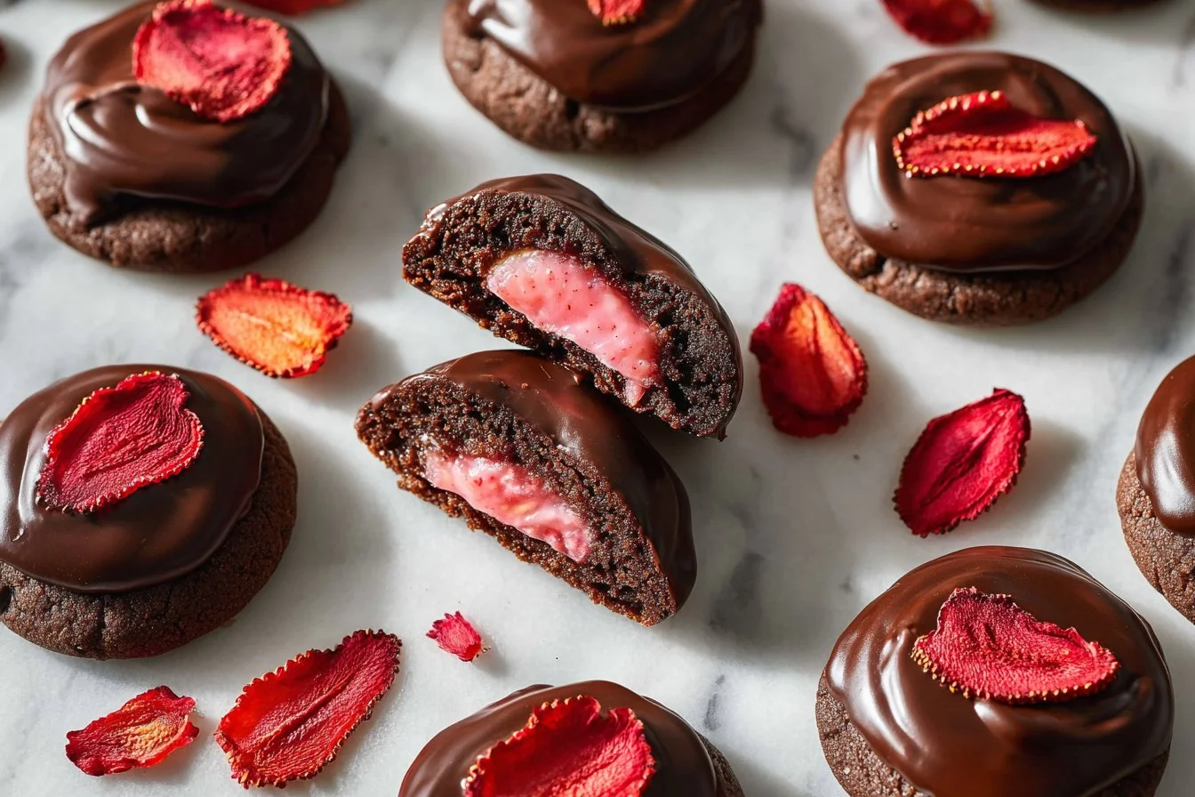 Delicious Chocolate Covered Strawberry Cookies on a plate