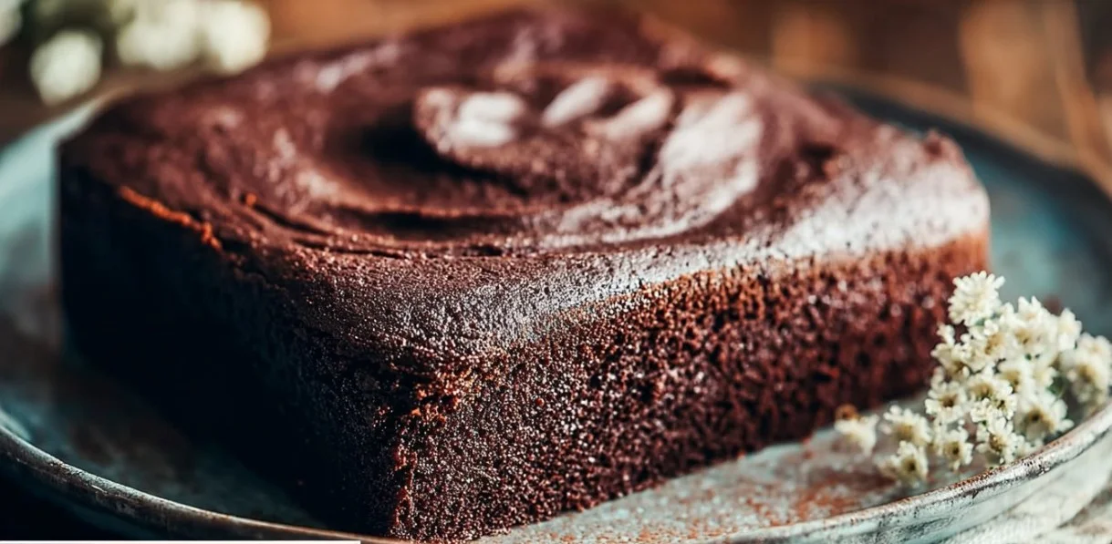 Delicious slice of Chocolate Crazy Cake topped with chocolate frosting and sprinkles