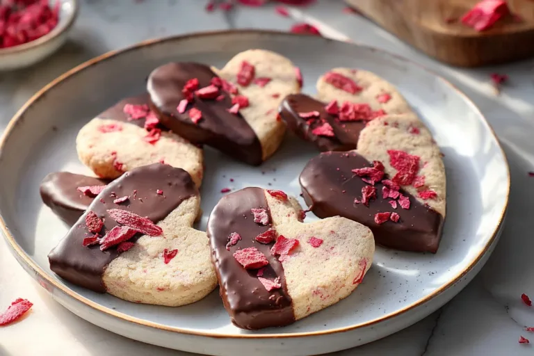 Chocolate dipped strawberry shortbread cookies on a plate