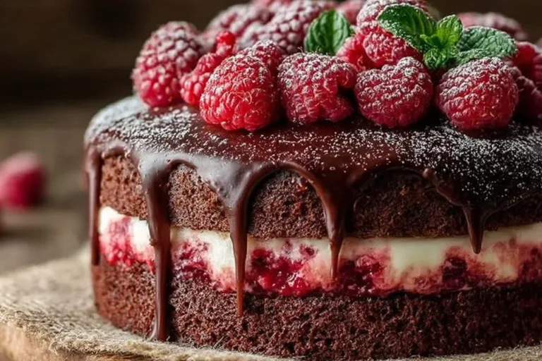 Delicious homemade Chocolate Raspberry Cake with rich chocolate and fresh raspberries