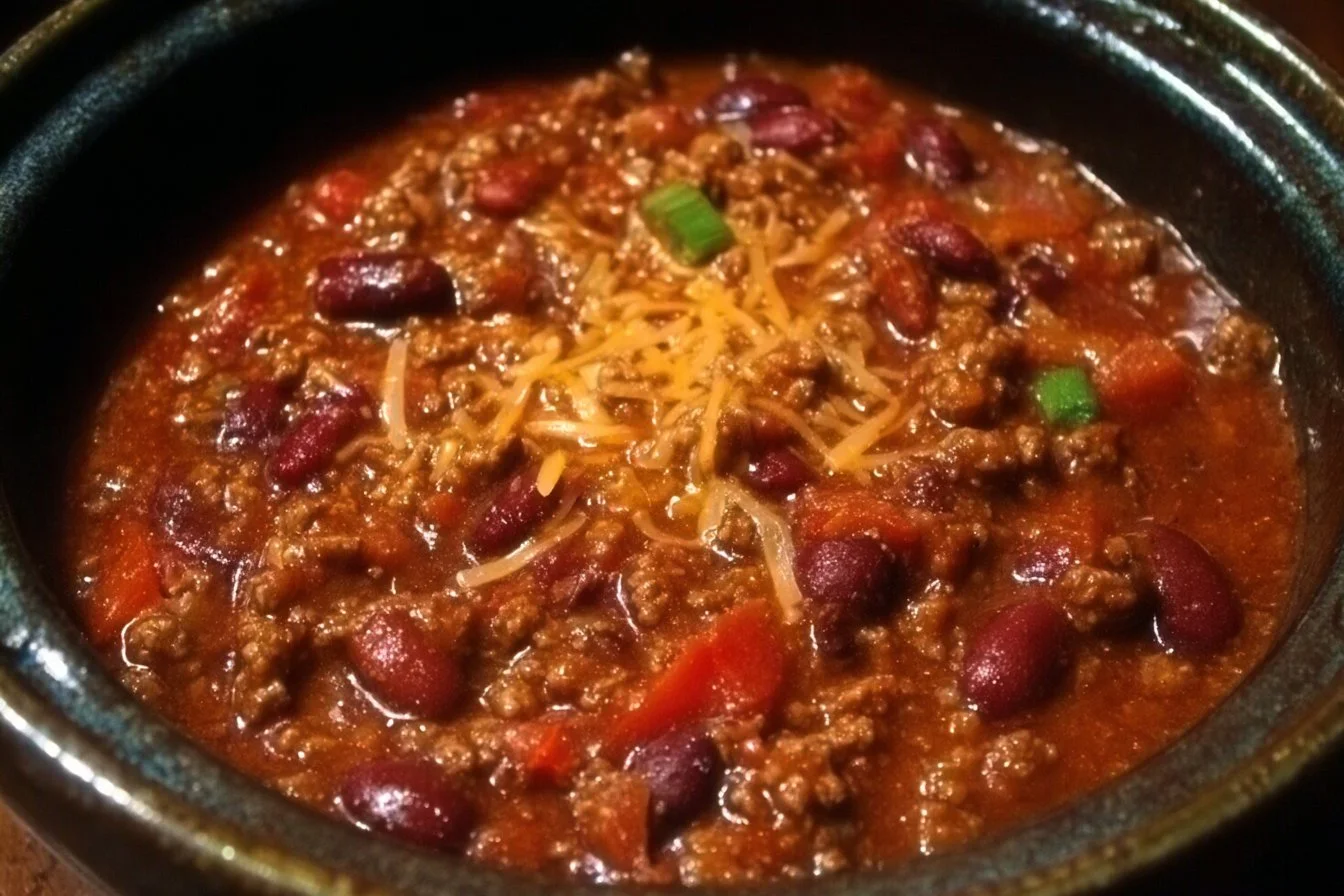 Bowl of classic slow cooker chili topped with fresh herbs and cheese