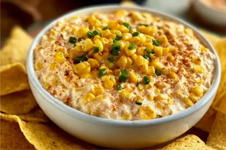 Creamy corn dip served in a bowl with tortilla chips on the side.