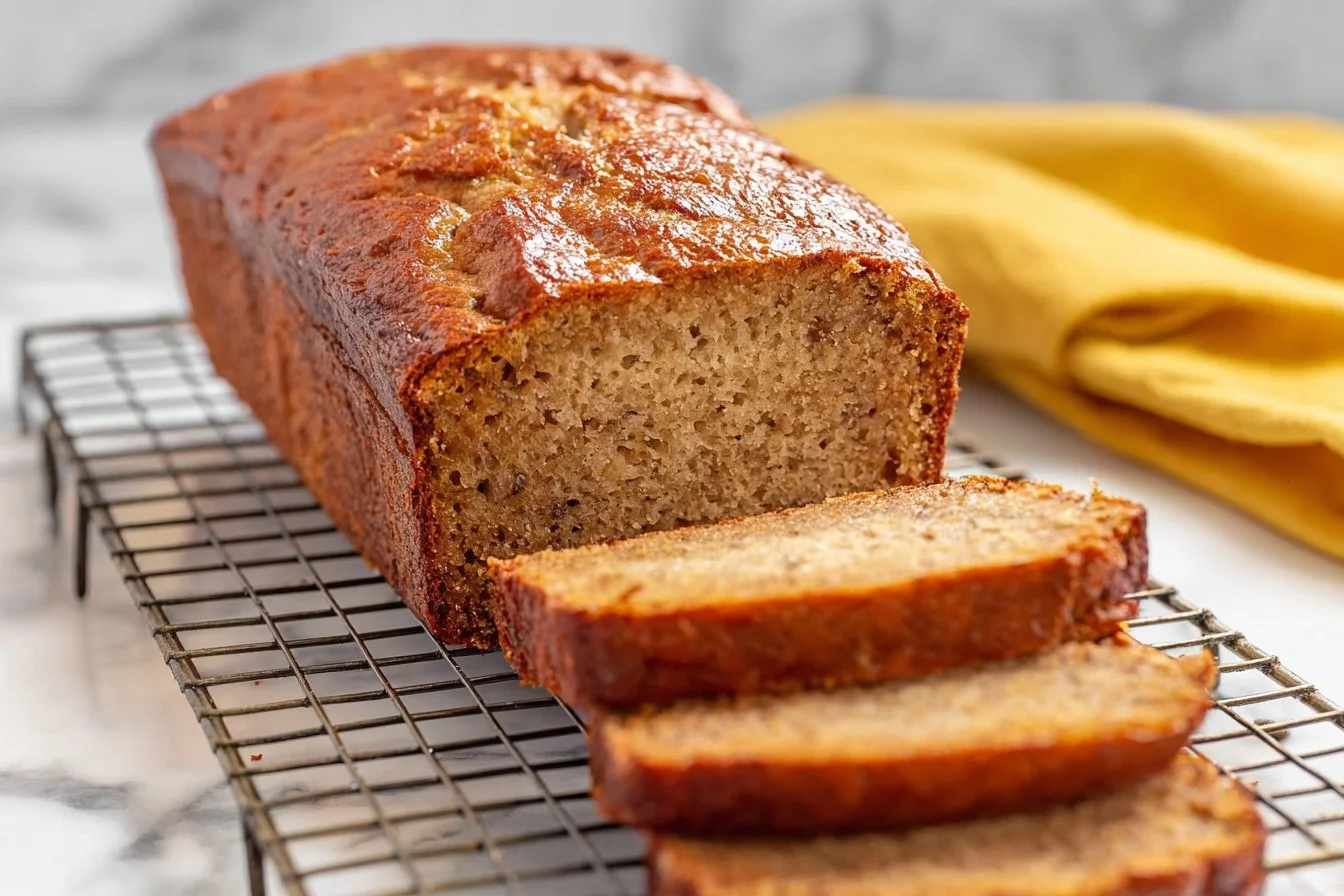 Delicious Cottage Cheese Banana Bread slice on a wooden board