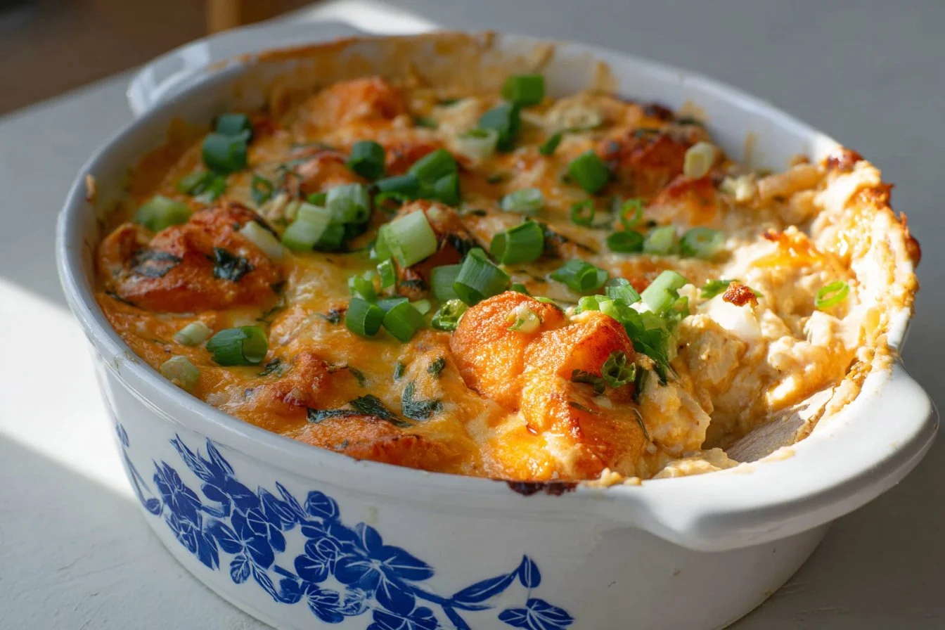 Cottage Cheese Buffalo Chicken Dip served in a bowl with tortilla chips