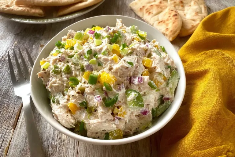 Cottage Cheese Chicken Salad with Banana Peppers served in a bowl