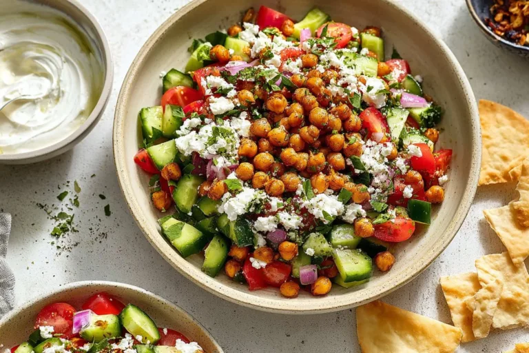 Delicious cottage cheese salad with fresh vegetables and herbs