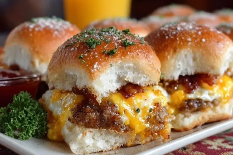 Cowboy breakfast sliders topped with cheese, bacon, and eggs on a toasted bun