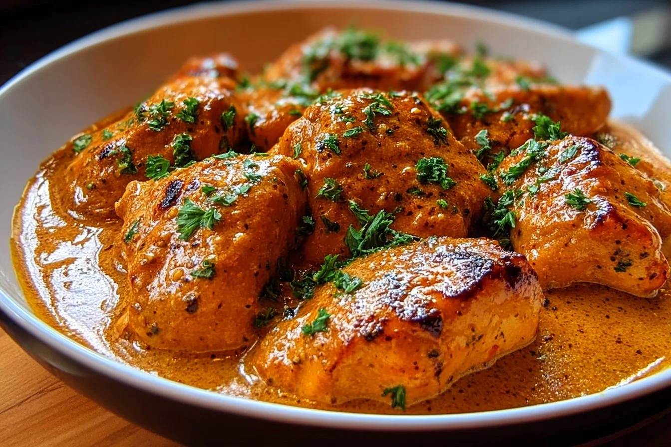 Delicious Cowboy Butter Chicken served on a plate with garnishes.