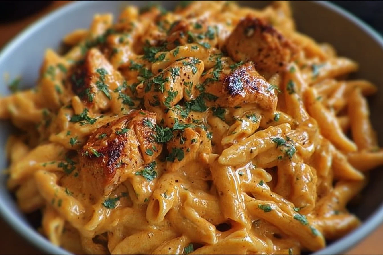 Delicious Cowboy Butter Chicken Pasta served in a bowl with herbs