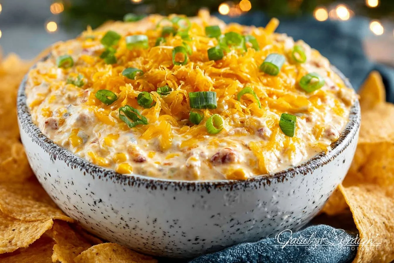 Delicious crack corn dip served in a bowl with tortilla chips.