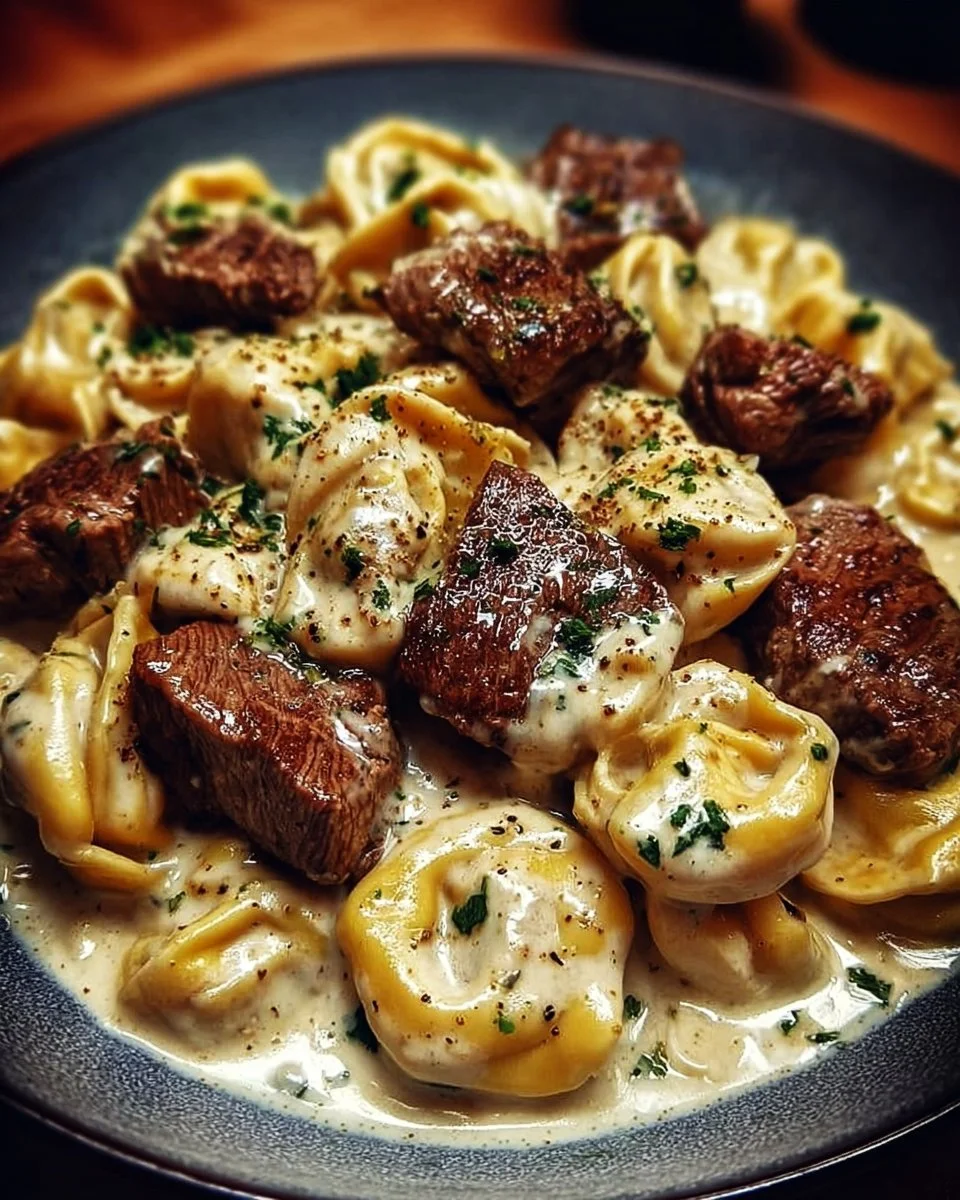 Cracked Garlic Steak Tortellini served in creamy house sauce