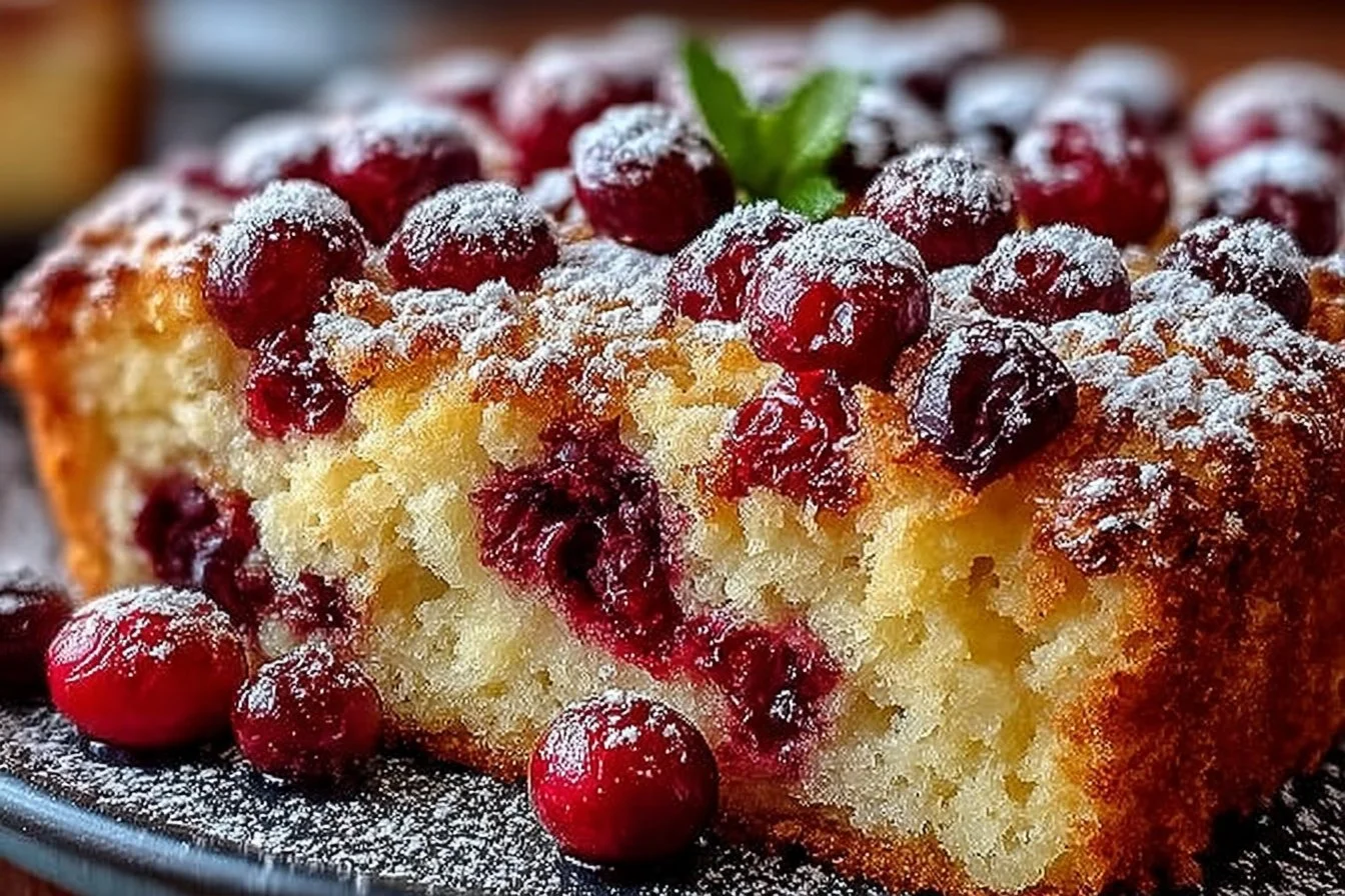 Delicious cranberry orange breakfast cake topped with fresh cranberries.