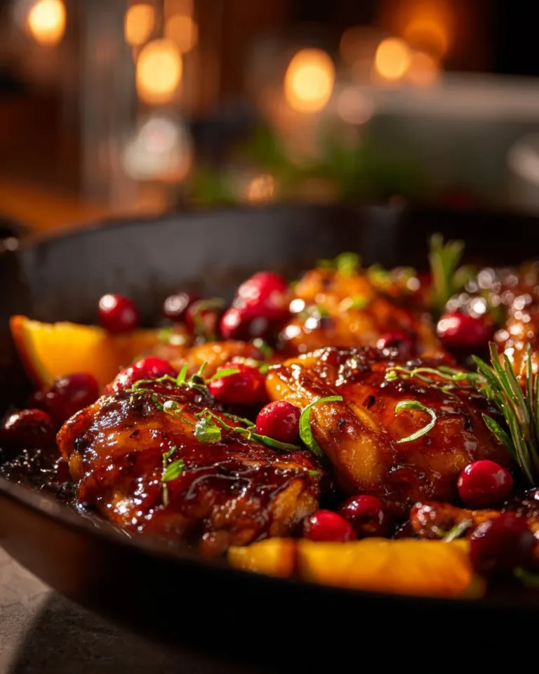 Delicious Cranberry Orange Chicken recipe served with fresh oranges and cranberries.