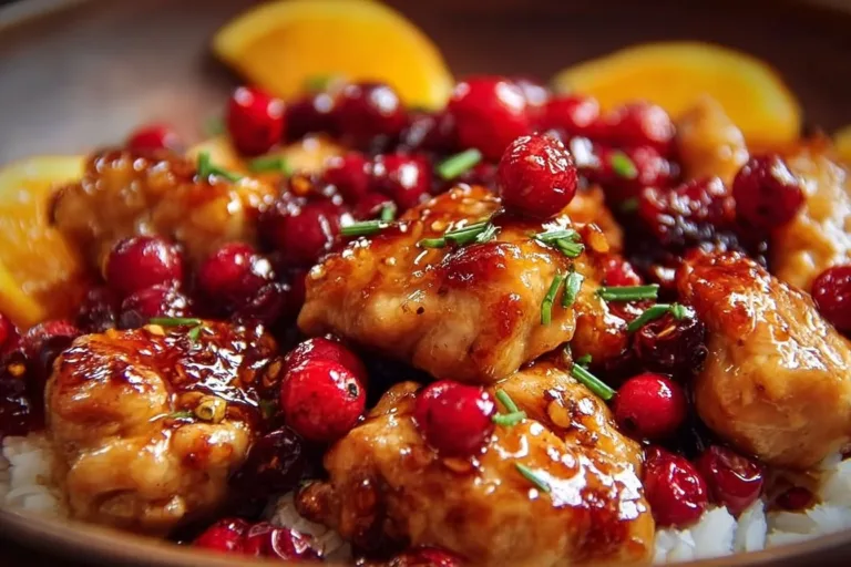 Delicious plate of Cranberry Orange Chicken with fresh herbs and cranberries.
