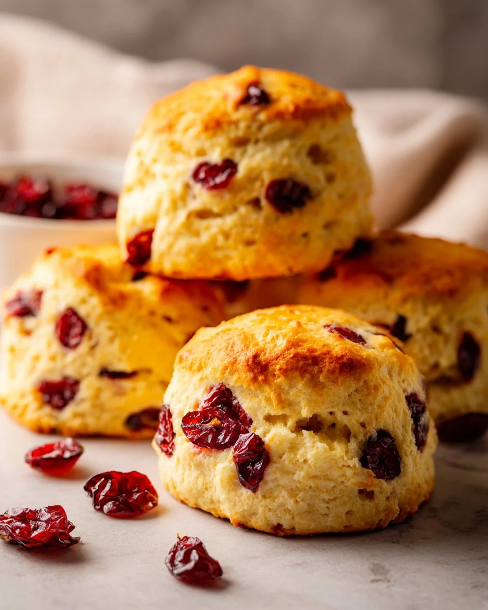 Freshly baked cranberry orange scones on a wooden table