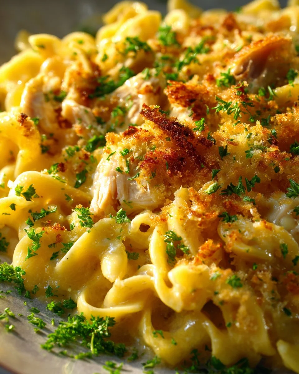 Creamy Chicken Mac and Cheese dish topped with herbs