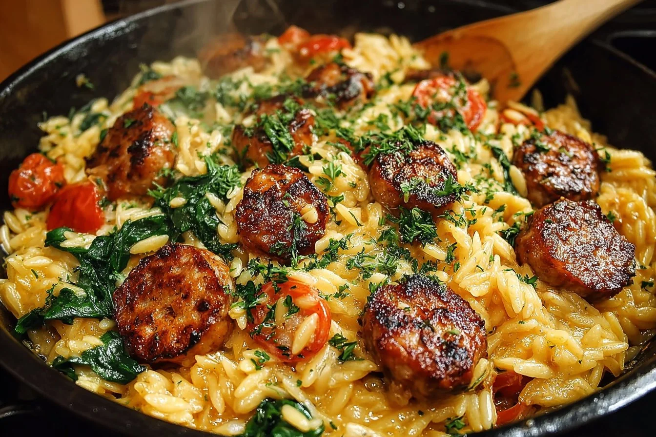 Creamy chicken sausage orzo skillet with colorful vegetables in a pan.