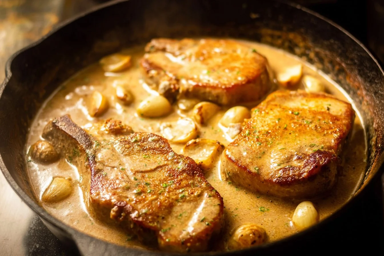Creamy garlic pork chops served with a side of vegetables