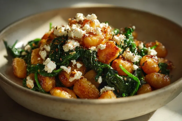 Creamy gnocchi dish with spinach and feta cheese on a plate