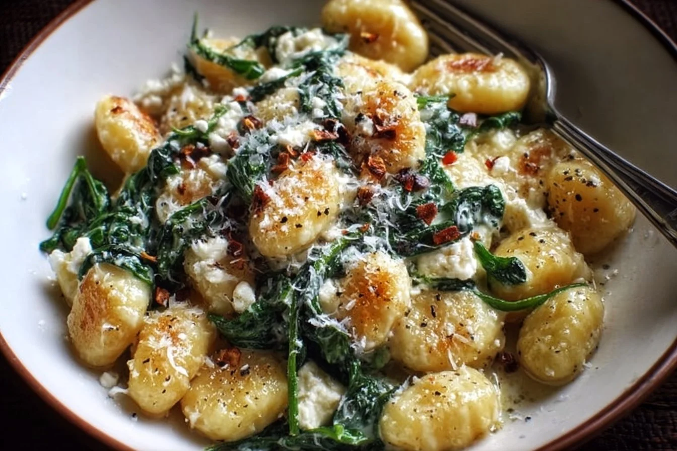 Creamy gnocchi served with fresh spinach and crumbled feta cheese