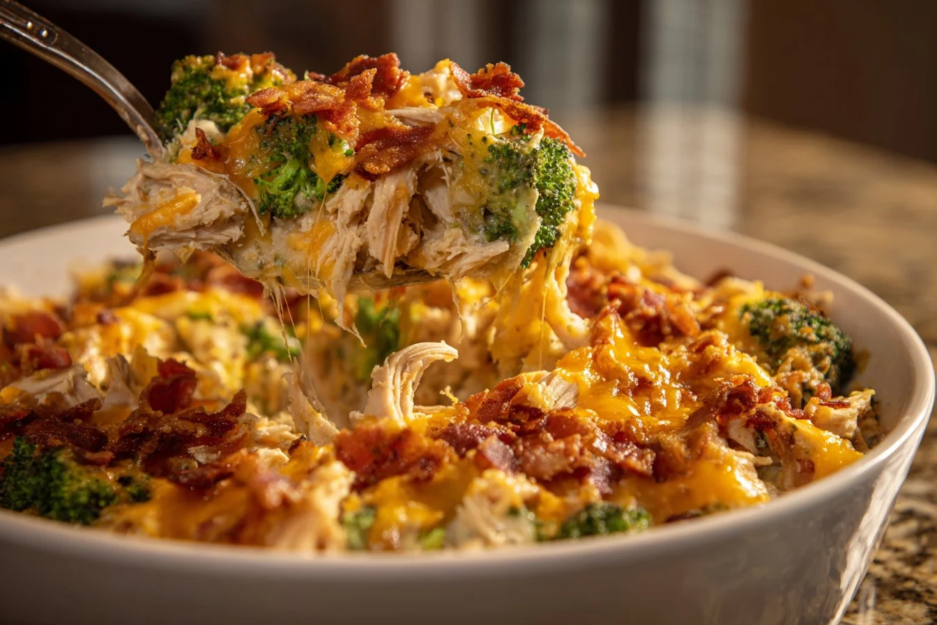 Creamy low carb chicken casserole dish topped with cheese and herbs.