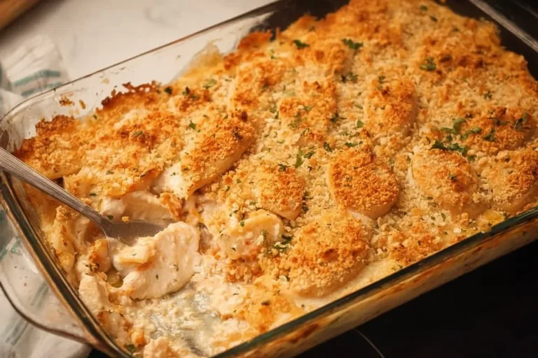 Creamy Ritz Cracker Chicken Casserole with cheesy topping and crispy crackers