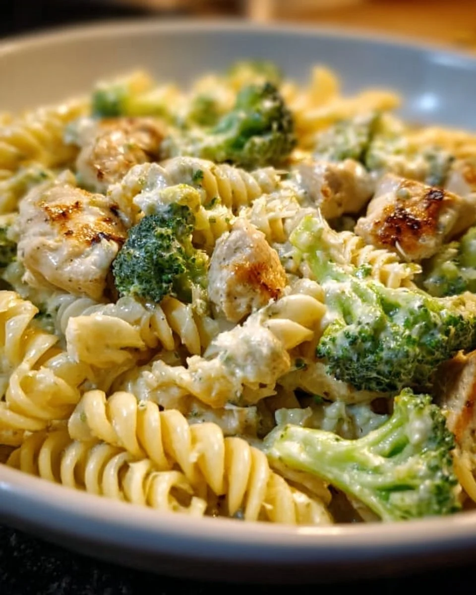 Creamy rotisserie chicken broccoli pasta dish served in a bowl