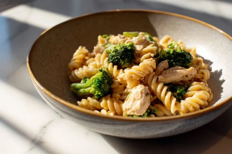 Creamy rotisserie chicken and broccoli pasta dish served in a bowl